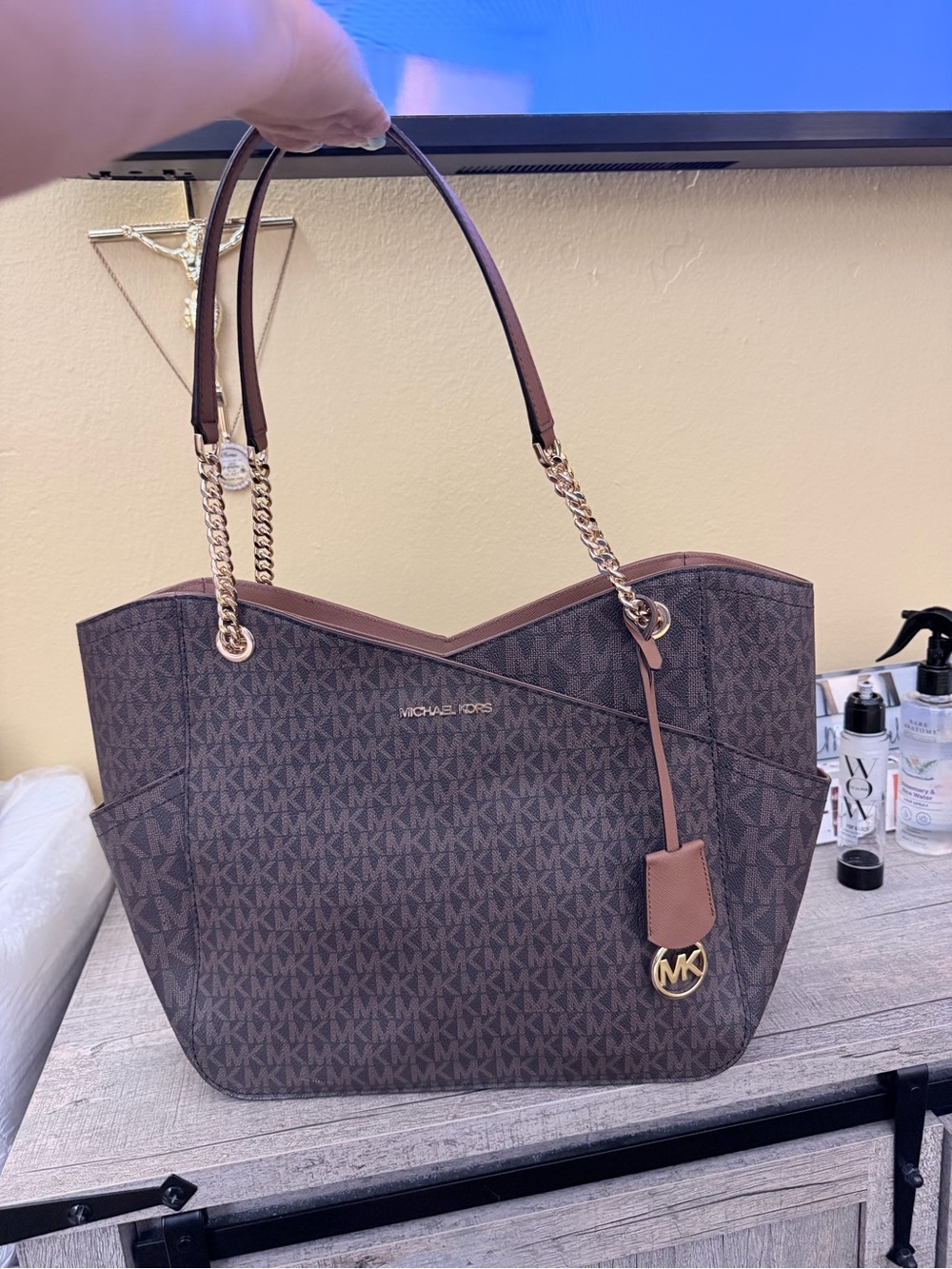 Michael Kors Brown MK Logo Chain-Handle Tote and wallet.